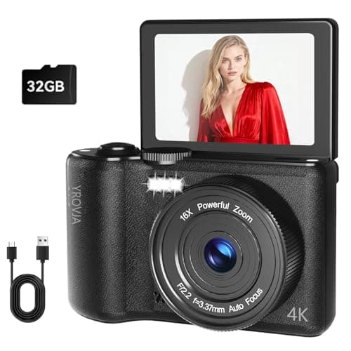 4K Digital Camera for Photography, 64MP Vlogging Camera for YouTube Video with 180° Flip Screen, 16X Zoom Anti-Shake Compact Point and Shoot Digital Cameras with 32GB TF Card for Beginner, Black
