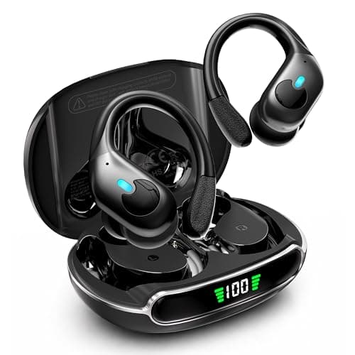 Active Noise Cancelling Ear Buds, Wireless Earbuds with Earhooks Microphone, 80hrs Playback Bluetooth Headphones Dual Battery Display Stereo Bass Earphones IPX7 Waterproof Headset for Workout/Sports