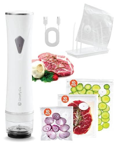GIRAFFYCO Compact Food Vacuum Sealer Set, Cordless Handheld Food Saver with 30 S/M/L Reusable Bags, Foldable Drying Rack, 60 kPa Rechargeable Sealer for Meal Prep, Fridge & Freezer Organization