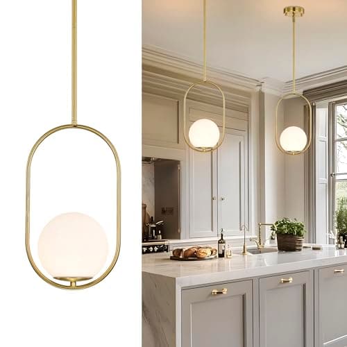 Gold Pendant Lights Kitchen lsland with 5.9" Globe Glass Shade, Mid Century Modern Hanging Light for Entryway, Hallway & Bathroom