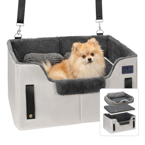 Veehoo 2-in-1 Dog Car Seat & Pet Bed for Small Medium Dogs up to 50lbs, Foldable Travel Puppy Pet Booster Car Seat with Safety Leash, Non-Slip Removable Washable Cover, 62 x 46 cm, Grey