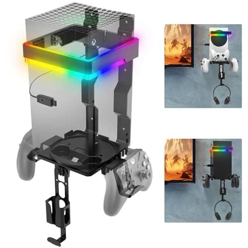 Fosmon RGB Wall Mount for Xbox Series X Series S, 4-in-1 Console Mount Kit with Dual Controller Holder, Headset Hanger, Heavy Duty Metal Console Accessories Storage Stand, Black