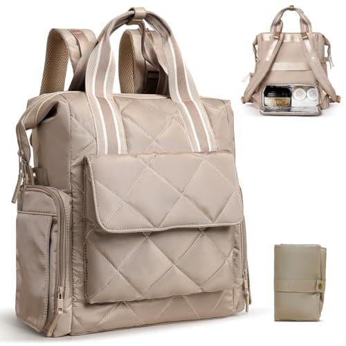 Omanmoli Diaper Bag Backpack Quilted Baby Diaper Bag Lunch Backpack Working Moms with 11 Pouches,Large Insulated Cooler Compartment,Stroller Straps,Changing Pad,Khaki