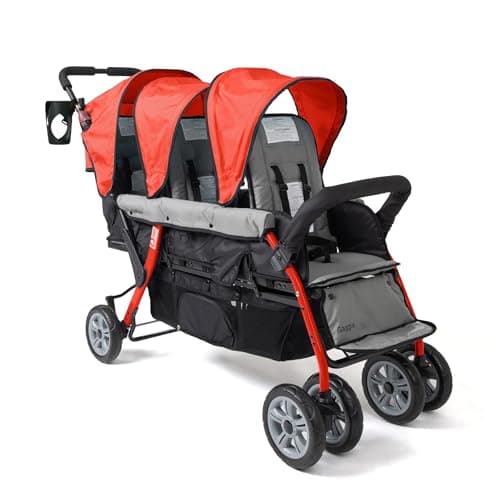 Gaggle by Foundations Sport Trio | 3 Seat Stroller | Triple Stroller for Infant and 2 Toddlers | Lightweight Tandem Triple Seater Foot Brake | Shock-Absorbing All-Terrain Wheels | Easy Folding | Red