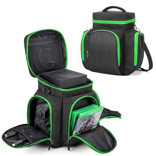Trunab Console Carrying Case Compatible with Xbox Series X, Travel Bag with Multiple Storage Pockets for Xbox Controllers, Games, Cables and Other Accessories, Green (Patented Design)