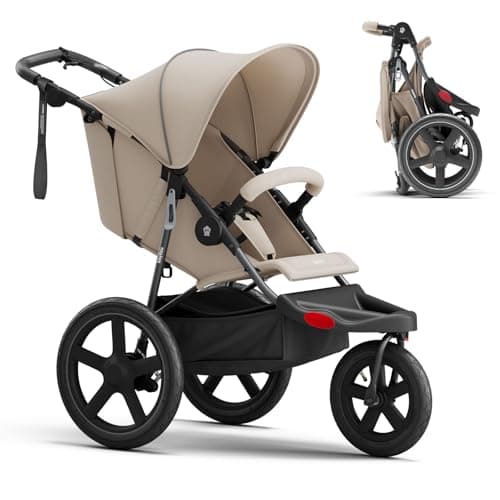BabyVista Jogging Stroller, All-Terrain Frame, 12"/16" Inflatable Tires with Angled Valve, Disc Hand Brake & Foot Brake, Adjustable Handlebar, Foldable Jogger Stroller for Babies & Toddlers, Khaki