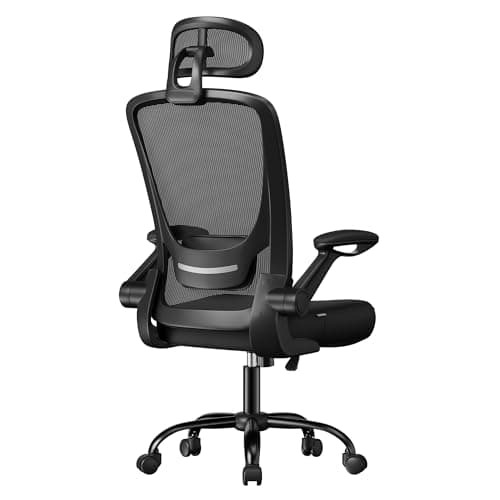 SONGMICS Office Chair, Mesh Swivel Chair, Ergonomic Lumbar and Head Support, Tilt Function, Wide Seat, Foldable Armrests, for Office Bedroom, Ink Black UOBN047B01