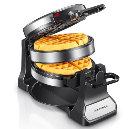 Winpper Double Belgian Waffle Maker, 1400W Rotating Waffle Iron with Flip Design, Nonstick Plates, Removable Drip Tray, Cool-Touch Handles, Indicator Lights, Brushed Stainless Steel