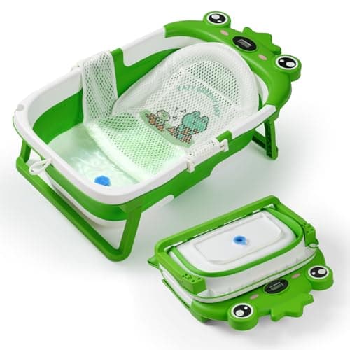 Baby Bathtub for Infant to Toddler,Collapsible Baby Bath Tub with Soft Cushion & Thermometer,Space Saving Foldable & Travel Newborn Bathtub 0-36 Months (Green, Frog)