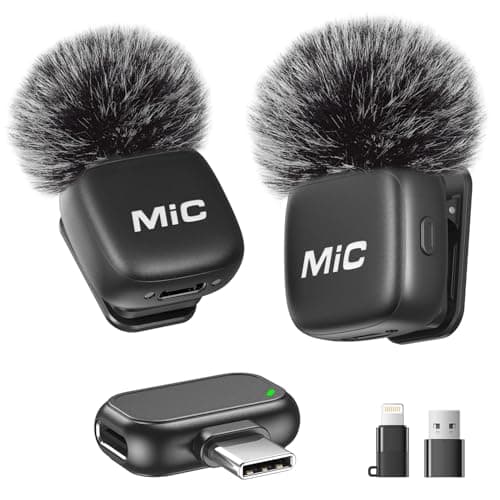 Wireless Lavalier Microphone for iPhone Android Laptop, Plug and Play Mini Clip on Mic with Noise Reduction, Mute, Reverb, USB-C Receiver, Lightning & USB-A Adapters