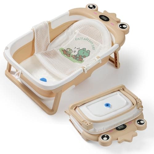 Baby Bathtub for Infant to Toddler,Collapsible Baby Bath Tub with Soft Cushion & Thermometer,Space Saving Foldable & Travel Newborn Bathtub 0-36 Months (Beige, Frog)