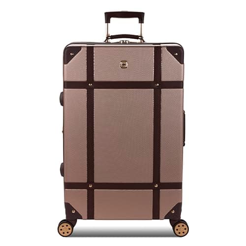 SwissGear Vintage Trunk Hardside Expandable Luggage with Spinner Wheels, Blush/Brown, Checked-Large 26-Inch