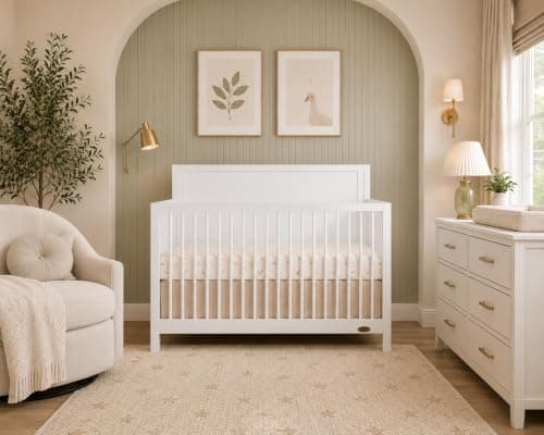 Dream On Me Dillian 5-in-1 Convertible Full-Size Baby Crib in White, GreenGuard Gold & JPMA, Converts to Toddler, Day & Full-Size Bed 3 Mattress Heights, Sustainable Pinewood