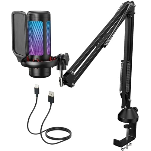 TONOR Gaming USB Microphone Set for PC, RGB Condenser Mic with Boom Arm Quick Mute, Pop Filter, Shock Mount, Gain Control for Streaming Podcasting Recording Vocal Discord Twitch YouTube TC310+