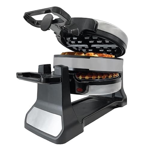 JS Gourmet 1400W Double Belgian Waffle Maker with 180° Rotation, Secure Handle Lock, Red Light Indicator, Non Stick 8" Cooking Plates and Removable Drip Tray for Easy Cleaning