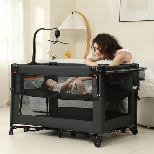 Pack and Play, Baby Bassinet Bedside Sleeper, Baby Playard with Changing Table, Foldable Travel Playard for Newborn to Toddlers (Black)