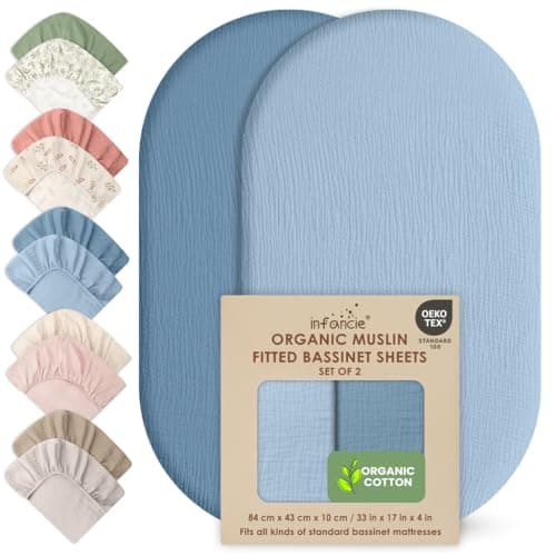 Infancie 100% Organic Cotton Muslin Baby Bassinet Fitted Sheet 84 X 43 CM Pack of 2 Soft Breathable Lightweight Stretchable Bassinet Sheet Gentle On Skin Durable Snug Fit Sheet Newborn Bassinet