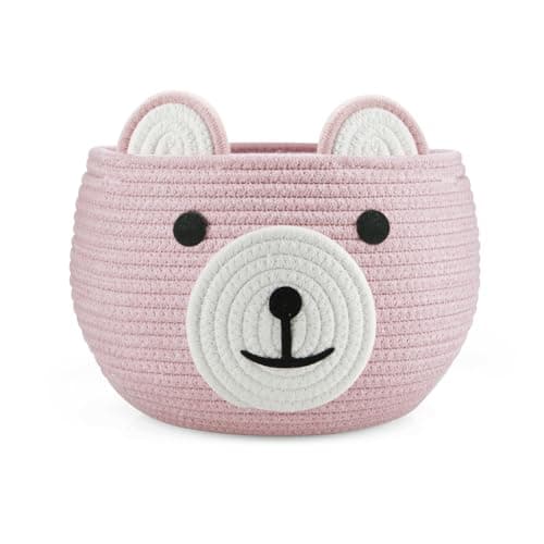 PandaEar Cotton Rope Baby Basket, Baby Gift Nursery Laundry Organizer with Cute Bear Design for Storage Infant Newborn Essentials, Diaper Caddy Basket with Handle, Pink