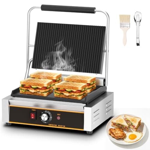 Popfoodex Commercial Panini Press - 2200W Electric Panini Sandwich Grill w/Nonstick Coating & Adjustable Temp, Panini Grill Press w/14"x9" Cooking Pan (Grooved Top & Flat Bottom), Double-sided Heating