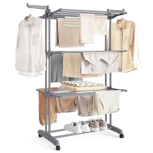 SONGMICS Clothes Drying Rack 4-Tier, Foldable Laundry Drying Rack 173 cm Tall, Steel, Rolling Clothes Horses, Laundry Hanger Dryer Airer, Indoor Outdoor Use, Dove Gray ULLR701G01V2