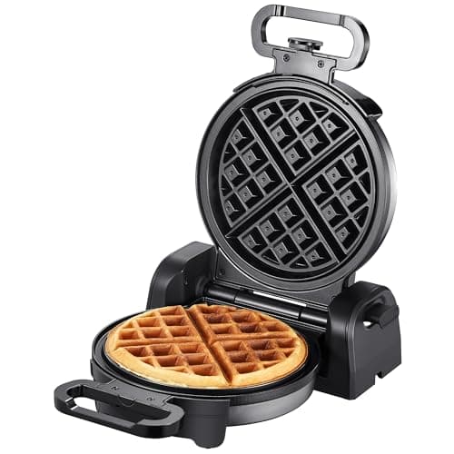 Reemix Waffle Maker, Round Classic Belgian Waffle Iron with 180°Rotating Design, Nonstick Plates & Cool Touch Handle, 1080W Fast Heating Waffle Machine, Silver (4 Slices)