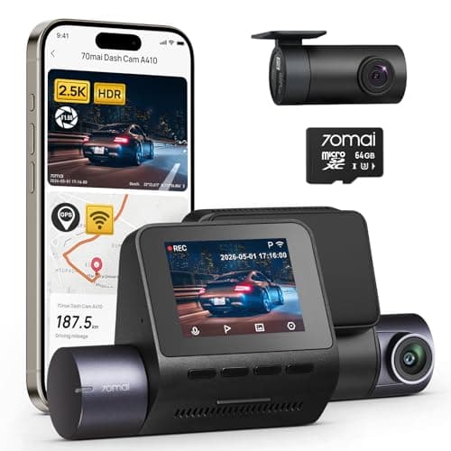 70mai Dash Cam Front and Rear - 2.5K+1080P Dual Dash Camera with HDR, Super Night Vision, F1.55 Aperture, 24H Parking Mode, Built-in Wi-Fi & GPS, G-Sensor, Loop Recording, 64GB Card Included (A410)