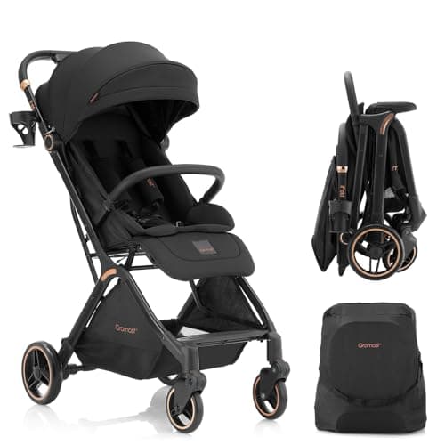 Gromast Gravity Folding Baby Stroller - Portable Toddler Stroller w/Adjustable Backrest & Canopy, Lightweight and UV Protected Travel Stroller, One-Hand Automatic Folding - Black