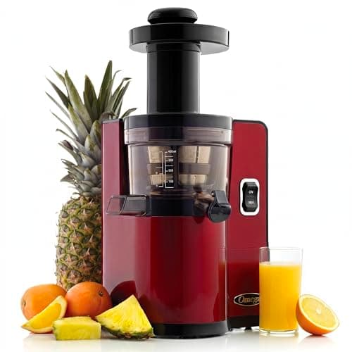 Omega Juicers VSJ843QR Vertical Slow Masticating Juicer Makes Continuous Fresh Fruit and Vegetable Juice at 43 Revolutions per Minute Features Compact Design Automatic Pulp Ejection, 150-Watt, Red