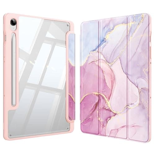 Fintie Hybrid Slim Case for Samsung Galaxy Tab S10 Lite/ S10 FE/ S9 FE 10.9 Inch/Tab S9 11 Inch with S Pen Holder, Shockproof Cover with Clear Transparent Back Shell, Auto Wake/Sleep, Dreamy Marble