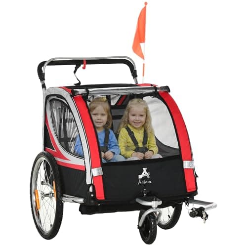 Aosom 2 Seat Bike Trailer for Kids 2-in-1 Double Baby Stroller with Handbrake, Rubber Wheels, 5 Point Harness, Waterproof Cover, Storage Bag, Reflectors, Red