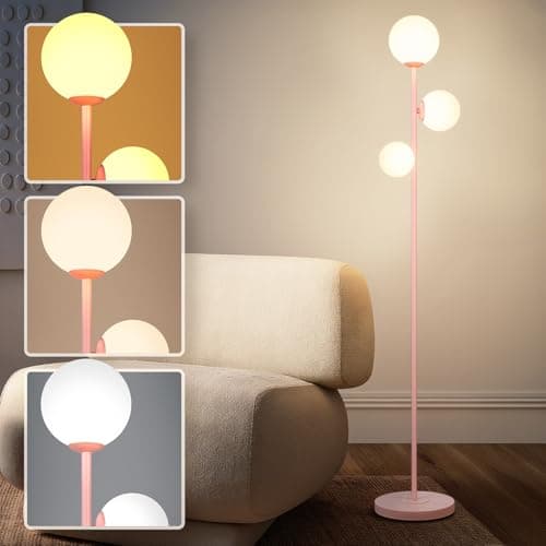 3 Globe Floor Lamps for Living Room, Mid Century Modern Standing Lamp with 3 Color Temperatures, Vintage Retro Tall Light with Frosted Glass Shades and LED Bulbs for Bedroom Office Corner (Pink)
