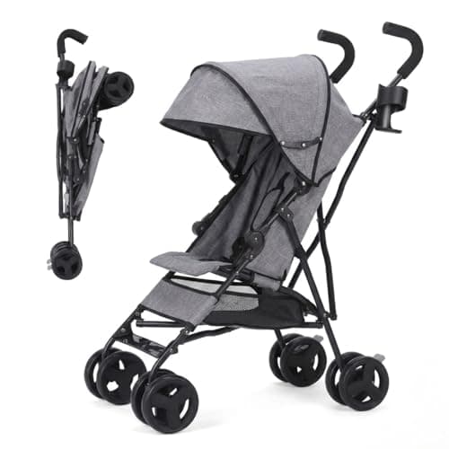 Lightweight Umbrella Stroller for 6–24 Months, Compact Fold Travel Stroller with Adjustable Canopy, Cup Holder & Storage Basket (Grey)