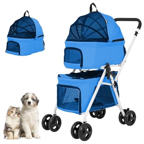 BETSOCCI Double Pet Stroller with Detachable Carrier for Medium Small Dogs and Cats, Foldable 3-in-1 Cat Stroller with 4 Wheels Lightweight for 2 Dogs or Cats Light Blue