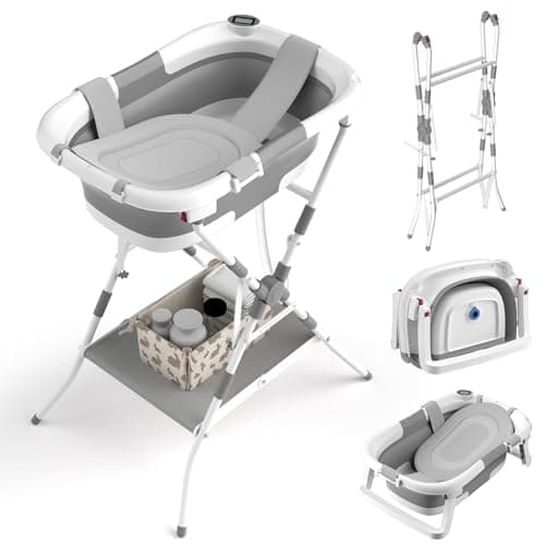 BALLA BALEIN Baby Bathtub with Stand, 2-in-1 Collapsible Bath Tubs for Newborn to Toddler, Infant Bathtub with Folding Stand, Portable Bathtub for Baby Including Soft Cushion, Storage Pad