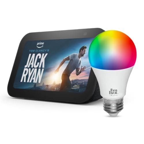 Amazon Echo Show 5 (newest model), Smart display with deeper bass and clearer sound, Charcoal + Evolux Smart Bulb, Designed for Alexa+
