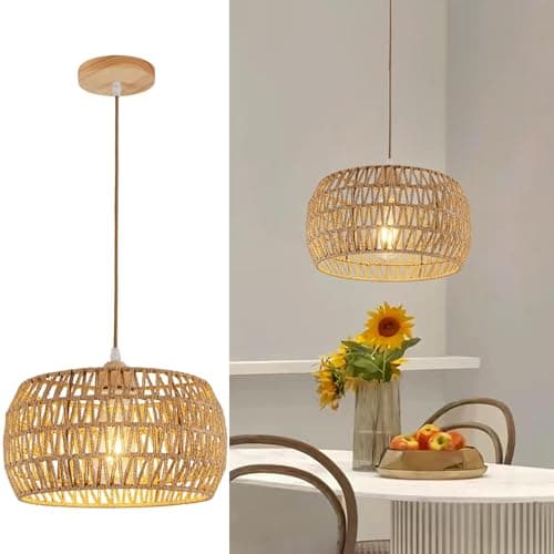 Rattan Pendant Light Fixture Bohemian Chandelier Hanging Light Boho Lamp Shade Flush Mount Woven Ceiling Light Wooden Base Basket Chandeliers for Kitchen Island Hallway Bedroom Dinning Table