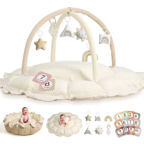 5-in-1 Thick & Plush Baby Play Gym, Baby Play Mats for Floor, Tummy Time Mat with 6 Toys, Convertible Stage-Based Developmental from Babies to Toddlers, No Ball Included, Cream