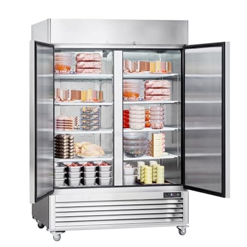 Uargd Commercial Upright Freezer 44.21 Cu.ft, 54.4" W with Double Doors, Auto-Defrost Stainless Steel Design, 8 Adjustable Shelves, -13 to 5℉ Temperature Range, LED Lighting, and 4 Casters