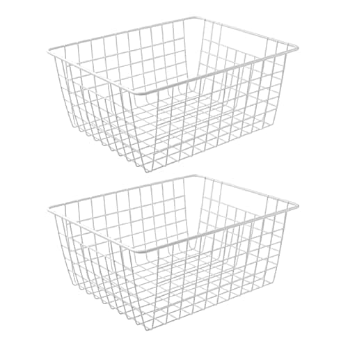 Brightalk 14'' Upright Freezer Storage Baskets, White Wire Storage Bins Large Bakset for Freezer, Pantry, Bathroom Organizing, Set of 2 (BT08101)