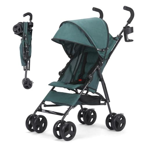 Lightweight Umbrella Stroller for 6–24 Months, Compact Fold Travel Stroller with Adjustable Canopy, Cup Holder & Storage Basket (Green)