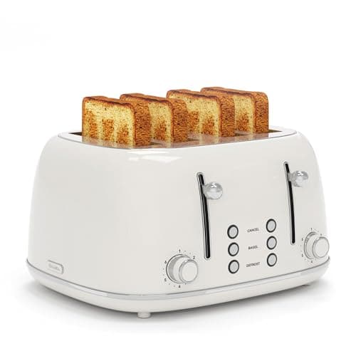 Toaster 4 Slice, Retro Stainless Toaster with 6 Bread Shade Settings,1.5''Wide Slots Toaster with Cancel/Defrost/Reheat Functions,Dual Independent Control Panel (White)