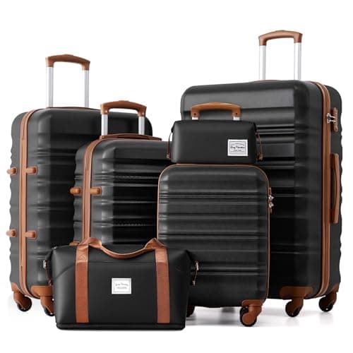 LONG VACATION Luggage Set, Suitcases for Travelling, Black-Brown, 6 Piece
