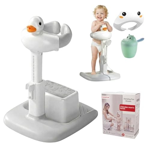 Hamiva Baby Bath Stand with Built-in Seat - Duck Design - Anti-Slip Base - Baby Shower Stand for Sitting or Standing (White Gray)