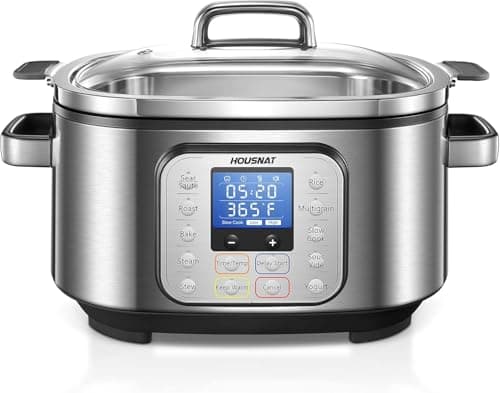HOUSNAT Slow Cooker, 10-in-1 Programmable Pressure Cooker, 304 Stainless Steel Rice Cooker, Yogurt Maker, 6 QT Sous Vide, Delay Start, Adjustable Temperature and Digital Time for Large Families or