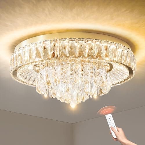 Modern LED Ceiling Crystal Chandelier: K9 Crystals Light With Remote For Dimmable - 20" Gold Crystal Chandeliers Flush Mount Ceilings Light Fixtures For Dining Room Bedroom Entryway Living Room