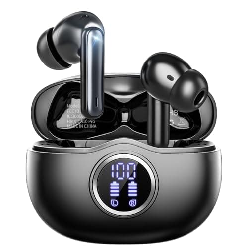 Fhumsh Wireless Earbuds, Bluetooth 5.3 Headphones HiFi Stereo 50H Playback LED Digital Display Ear Buds with ENC Noise Canceling Headset, IPX7 Waterproof Earphones for Gym/Running/Work Black