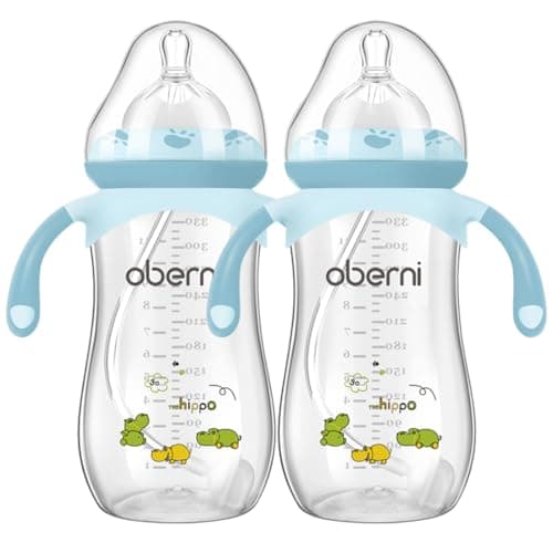 Oberni Baby Bottle 330ml, 11oz Weighted Straw Toddler Milk Feeding Bottle with Size “+” Variable Flow Teat for 12m+, Blue/ 2 Pack