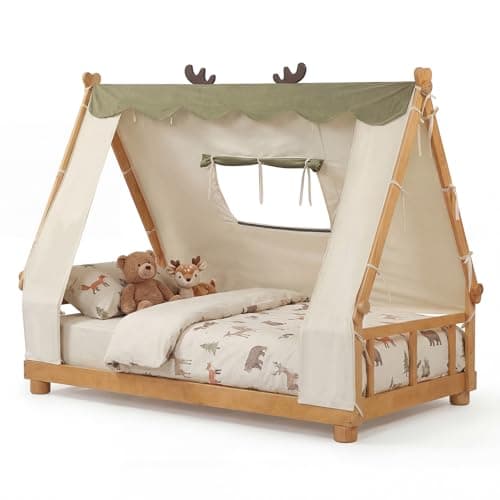 Costzon Twin Bed Frames for Kids, Wooden House Antlers-Shaped Floor Bed w/Tent, Window, Fence Guard Rails, & Wooden Slat Support, No Box Spring Needed, Montessori Kids Bed (Natural & Green, Twin)