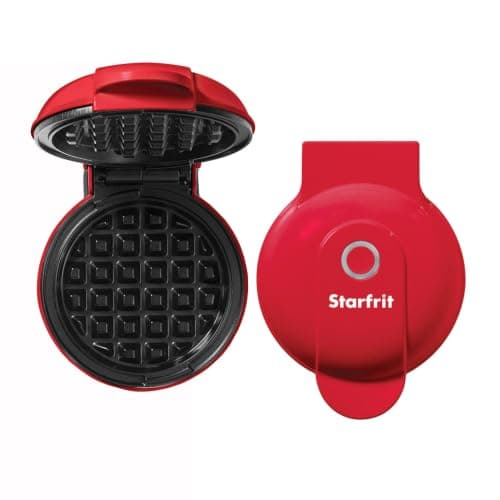 Starfrit Electric Mini Waffle Maker - 4" Non-Stick Cooking Surface - Easy to Use & Clean - Red - 350W