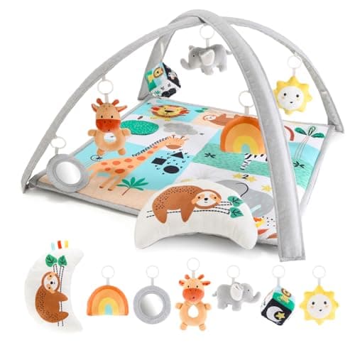 The Peanutshell Unisex Baby Play Gym & 7-in-1 Play Mat - Playmat Baby Toys 0-6, 6-12 Months Tummy Time Mat with Hanging Toys, Soft Padded Mat for Newborns, Infants - Safari